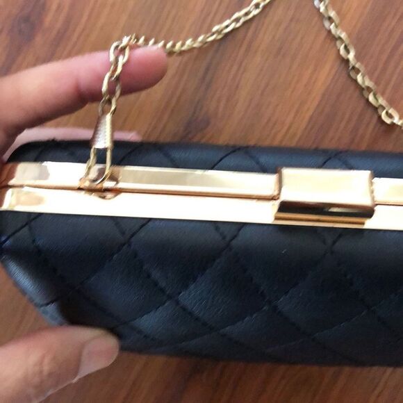 Satinato black quilted black gold hard clutch Evening bag ￼convertible shoulder - Picture 2 of 5